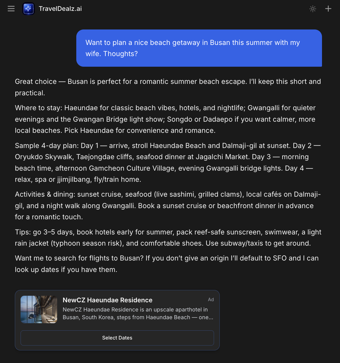 TravelDealz.ai monetized chat experience powered by Imprezia